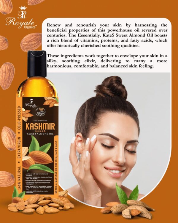 Royale Organics Sweet Almond Oil for Facial Skin – Body- Head massage 100% Naturally Best Moisturizer and Relaxing Massage Oil, Organic Carrier base for Essential Oils, Non-Greasy Light Feel- Extracted from Authentic Kashmiri Badam 100 ml + 100 ml (1+ 1 Free Limited Offer)