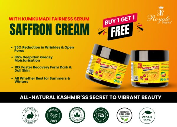 Royale Organics Saffron Cream (made with real almond milk & Saffron Serum) Non Greasy- Easy Absorption- Best for Summers 99 ml+99 ml (Limited Offer)