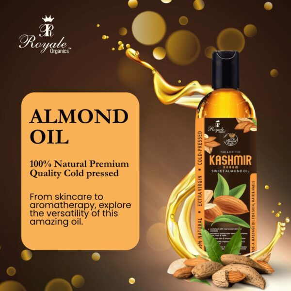 Royale Organics Sweet Almond Oil for Facial Skin – Body- Head massage 100% Naturally Best Moisturizer and Relaxing Massage Oil, Organic Carrier base for Essential Oils, Non-Greasy Light Feel- Extracted from Authentic Kashmiri Badam 100 ml + 100 ml (1+ 1 Free Limited Offer)