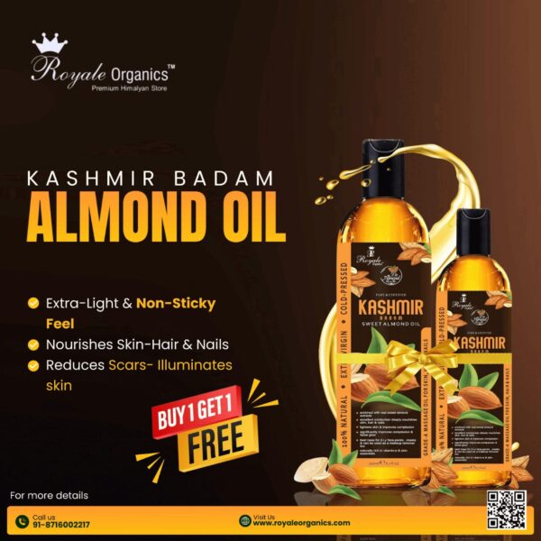 Royale Organics Sweet Almond Oil for Facial Skin – Body- Head massage 100% Naturally Best Moisturizer and Relaxing Massage Oil, Organic Carrier base for Essential Oils, Non-Greasy Light Feel- Extracted from Authentic Kashmiri Badam 100 ml + 100 ml (1+ 1 Free Limited Offer)